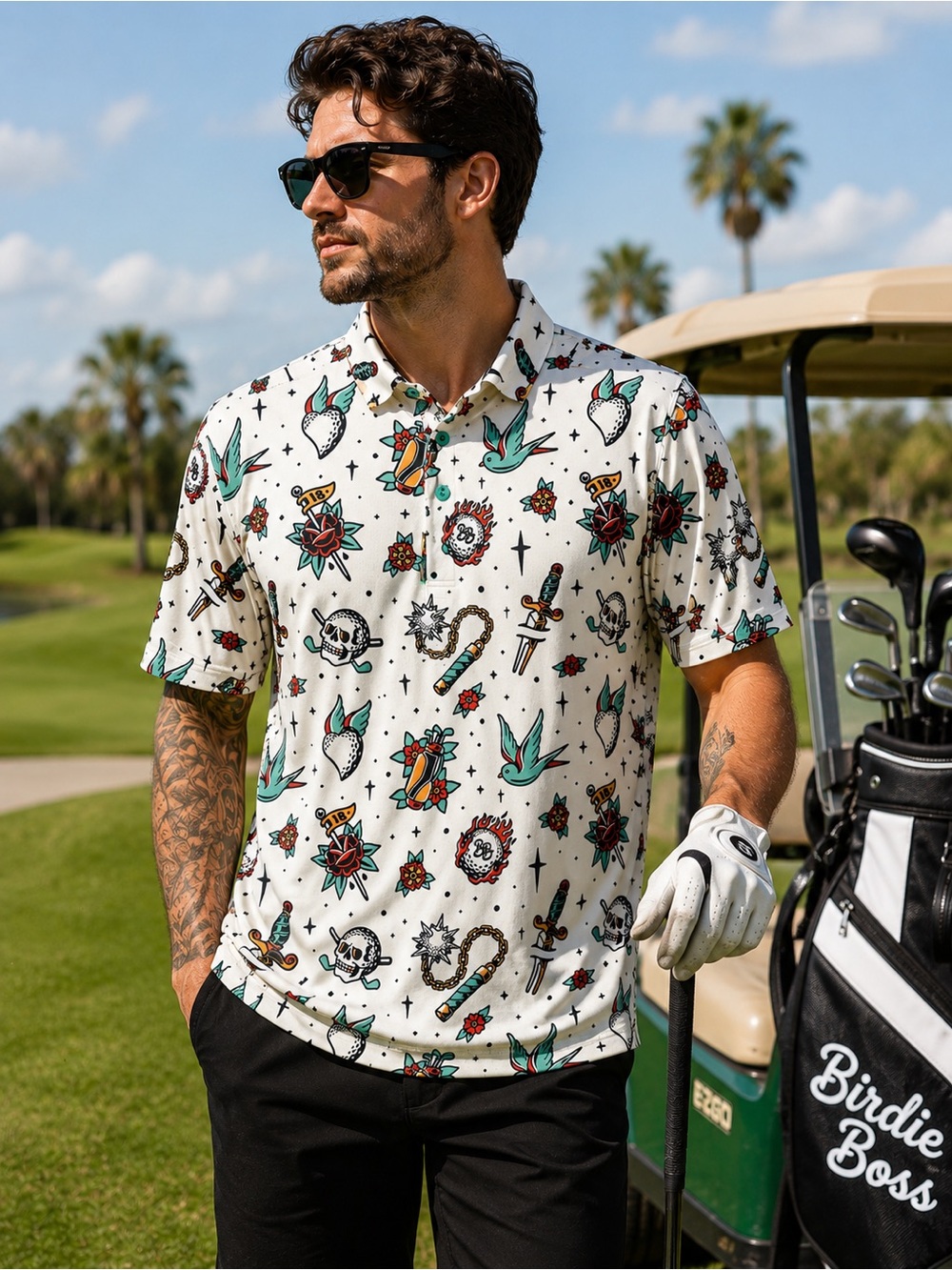 Birdie Boss Men’s Golf Polo Medium Tattoo Print Athletic Shirt Skulls Roses NWT